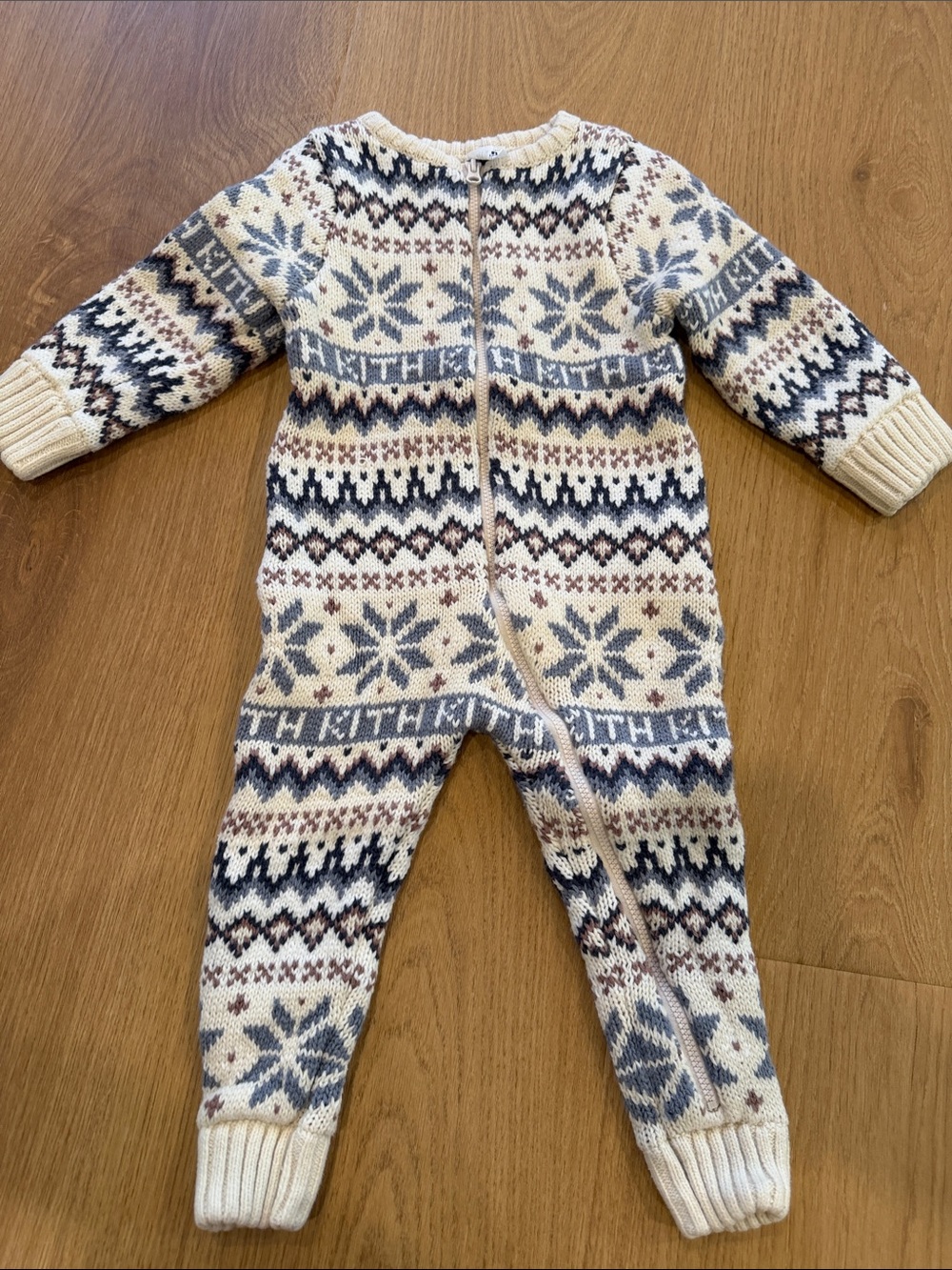 Kith Cream Fair Isle Knit Zip One-Piece with Blue and Brown Accents